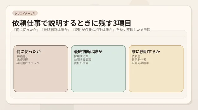 共同制作や依頼仕事で生成AIを使うとき、どこまで伝えるべきか。信頼を崩さない説明の考え方
