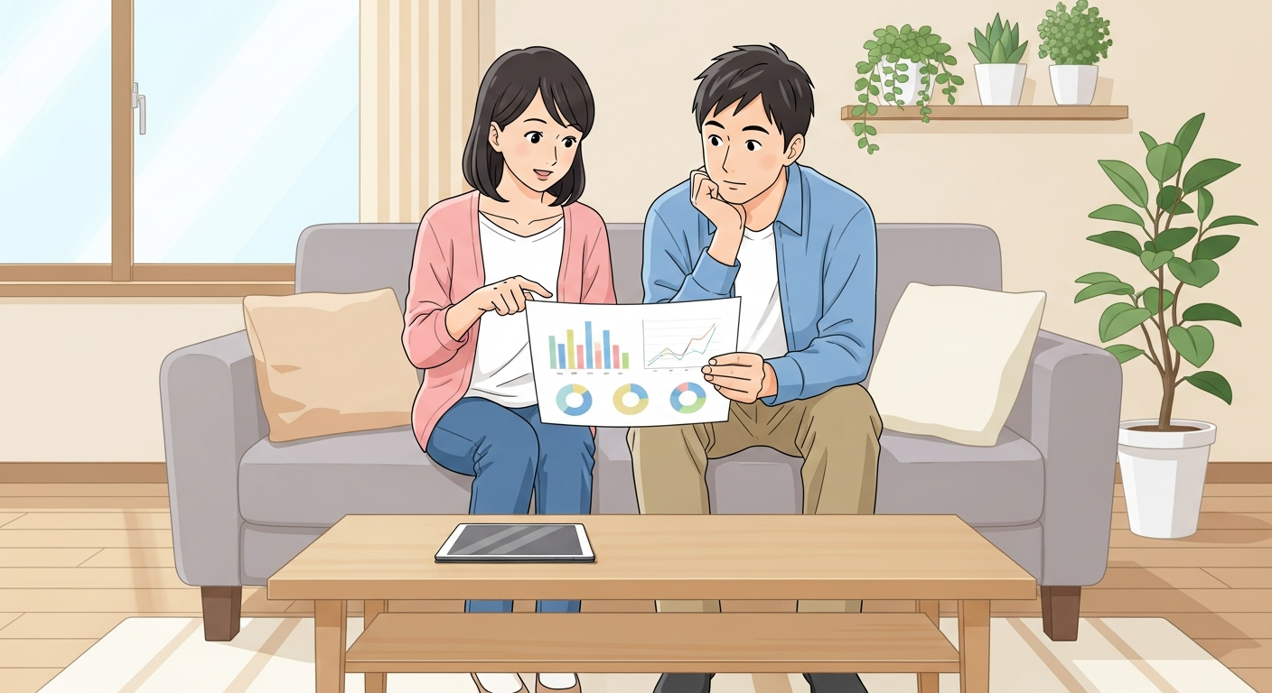 AIが出力した家事分担の比較表を見ながら対話する二人のイラスト