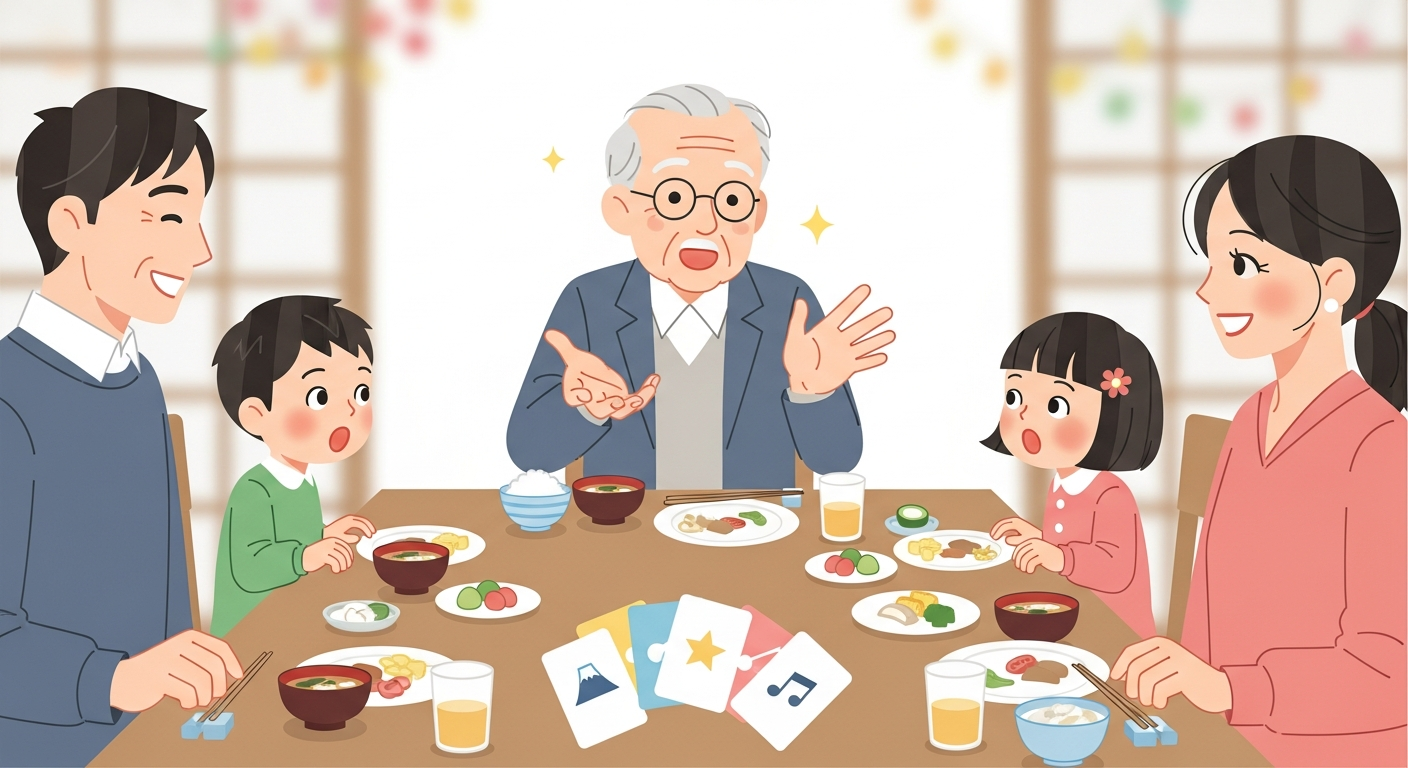 三世代の家族が食卓を囲み、中央に「話題カード」が置かれていて、おじいちゃんが昔話を楽しそうに語り、孫たちが驚いた顔をしているイラスト