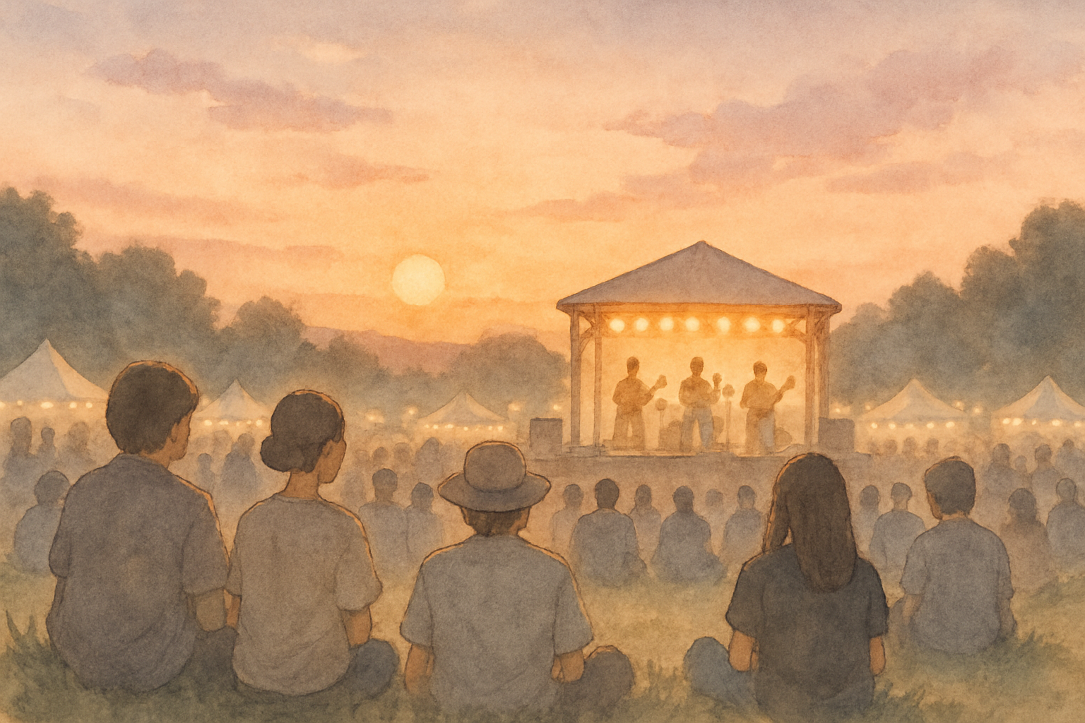 音楽フェスティバルの風景。広い野外会場に小さくステージが見え、手前には芝生に座る人々のシルエット。夕暮れ空にステージのライトが灯り始めている。個人の顔は判別できず、空間の広がりと「そこにいる」感覚を伝えるイラスト