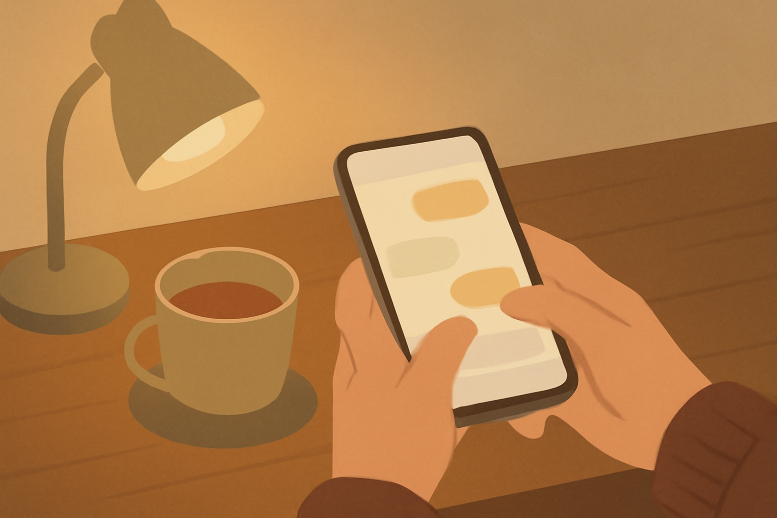 AIに話しかけるスマートフォンの画面と、その画面に向かって「ありがとう」と入力する手元のクローズアップ。温かみのある照明のデスク周り。人物の顔は映らず、手元とデバイスのみ