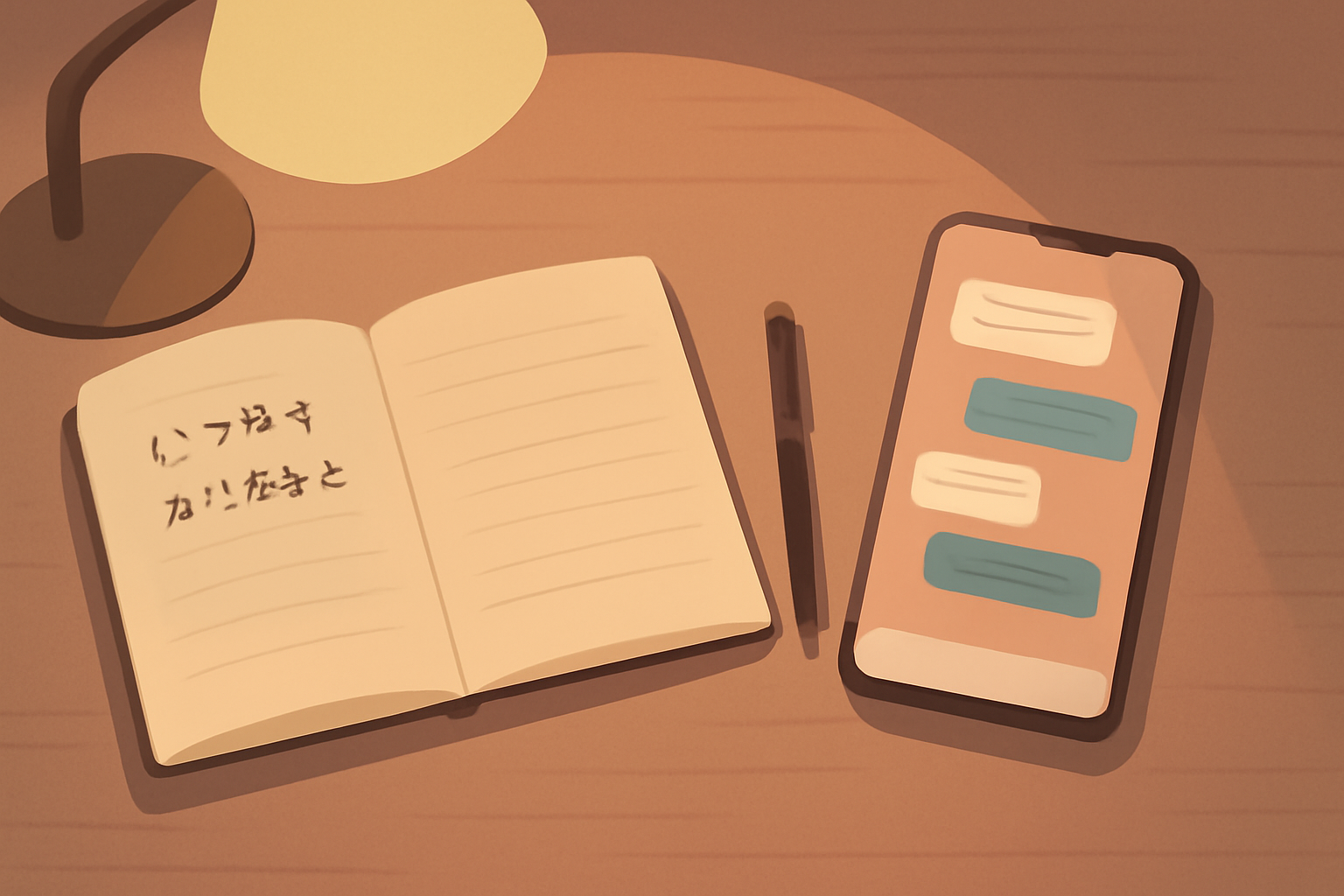デスクの上のノートとスマートフォンが並んだ俯瞰図。ノートには手書きの短い日記が数行書かれ、スマートフォンの画面にはチャットの吹き出しが表示されている。「反応する日記帳」という概念を視覚的に表現。温かみのある間接照明。人物は描かず、物だけ