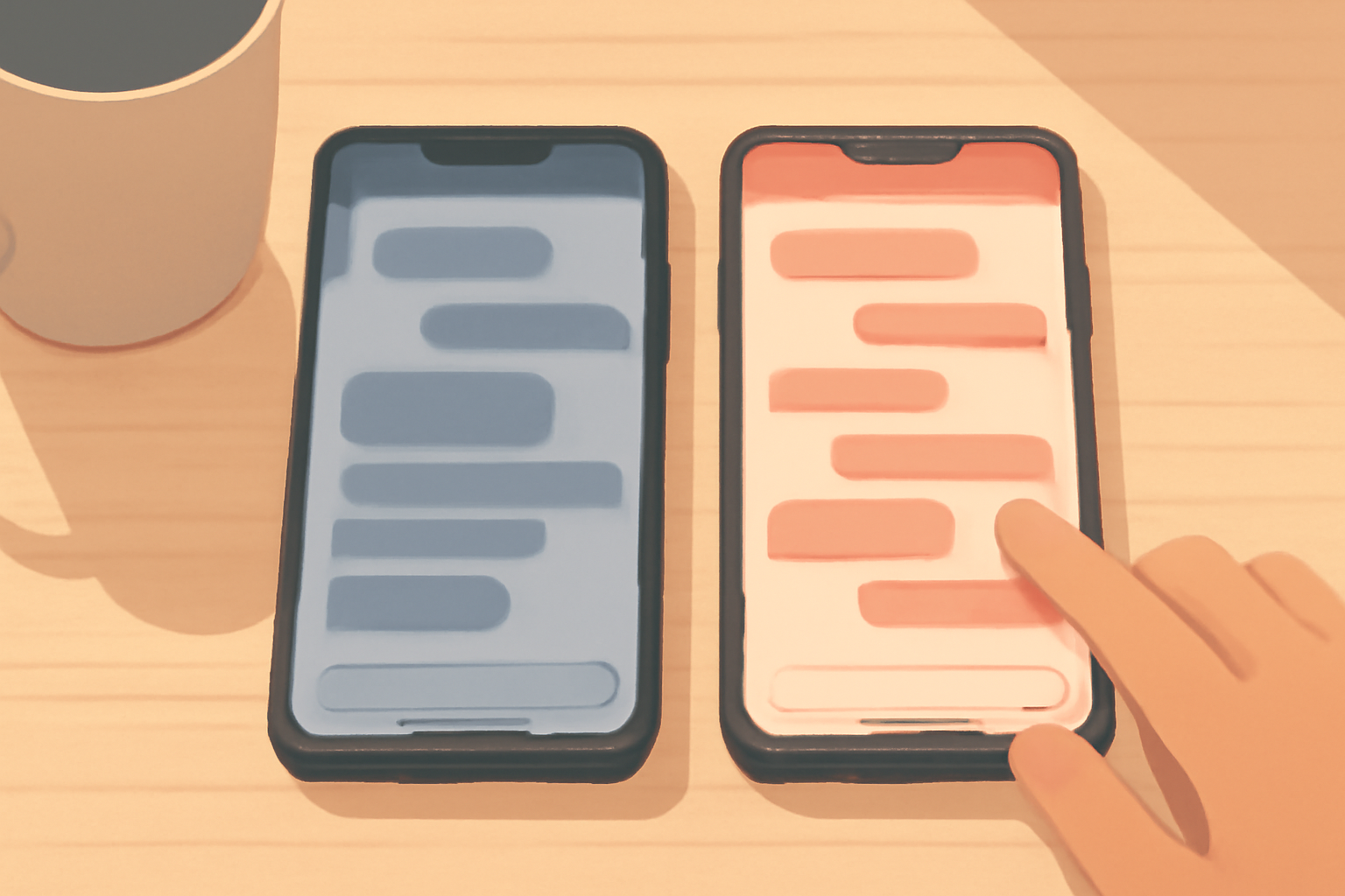 スマートフォンの画面を2つ並べた比較図。左側は敬語調のチャット画面（整然とした文体、落ち着いた色調）、右側はタメ口調のチャット画面（カジュアルな文体、柔らかい色調）。同じ話題について異なる口調で会話している様子。人物は描かず、画面のみ