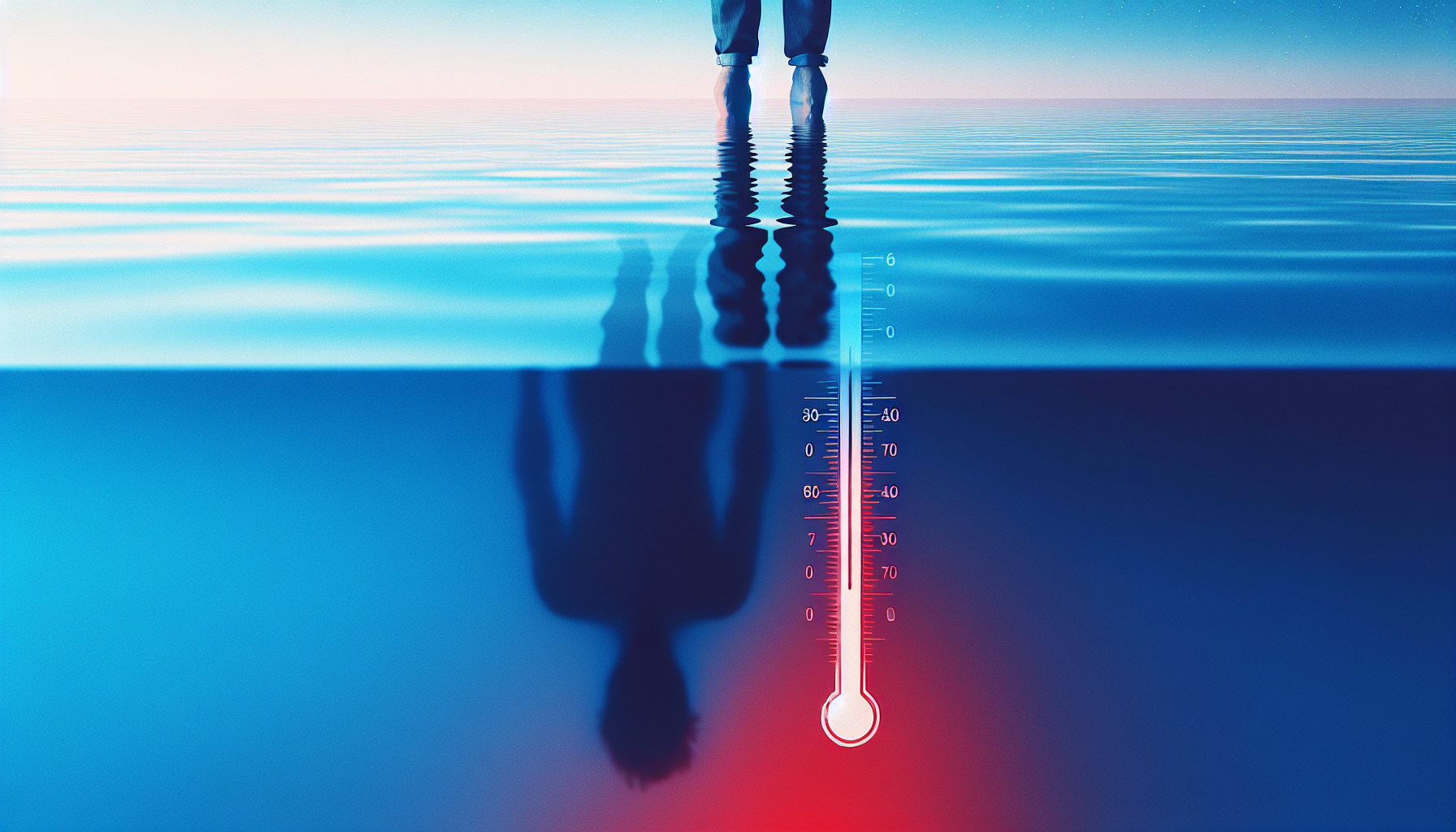 温度計のメタファー。水の中にカエルではなく、人の足のシルエットが浸かっている。水面は穏やかで美しいが、底のほうがうっすらと赤く光っている。恐怖感ではなく、静かな
