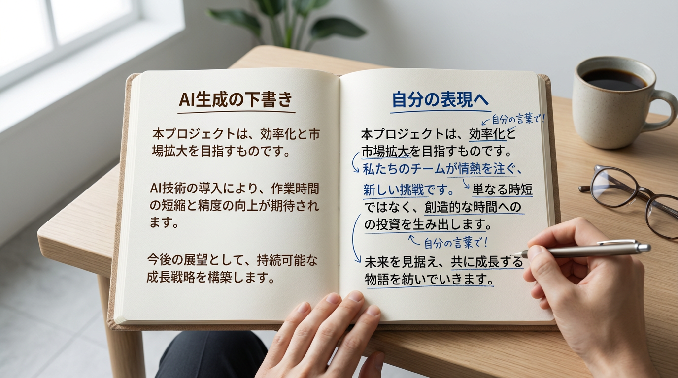 整った文章と手直し後の文章を並べて見比べるノートの写真