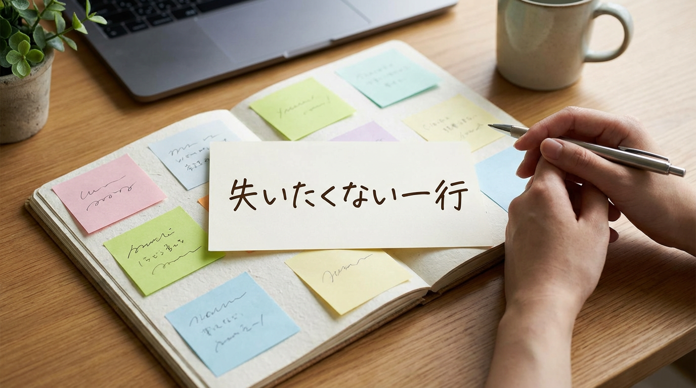 付箋が並ぶノートに『失いたくない一行』と書かれた手書きメモの写真